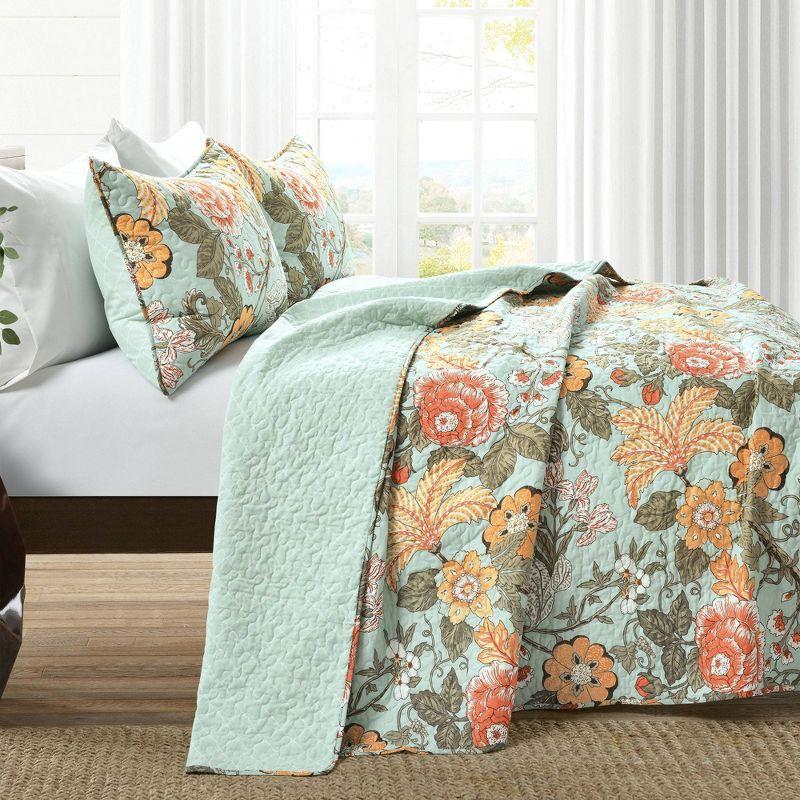 King Blue Green Cotton Reversible Floral Quilt Set