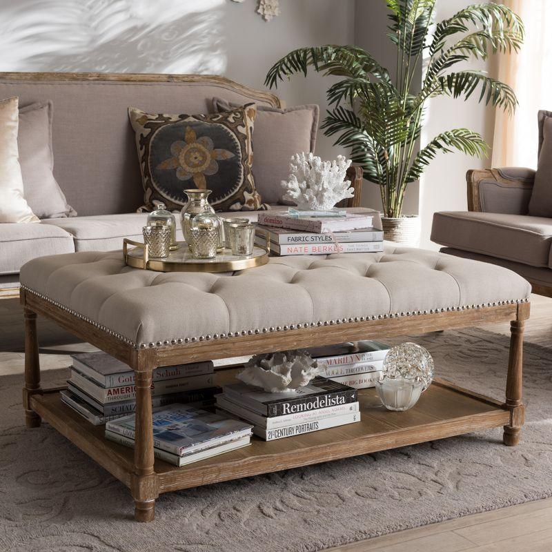 Carlotta French Country Weathered Oak Linen Rectangular Coffee Table Ottoman Beige - Baxton Studio: Elegant Tufted Design, Storage Shelf