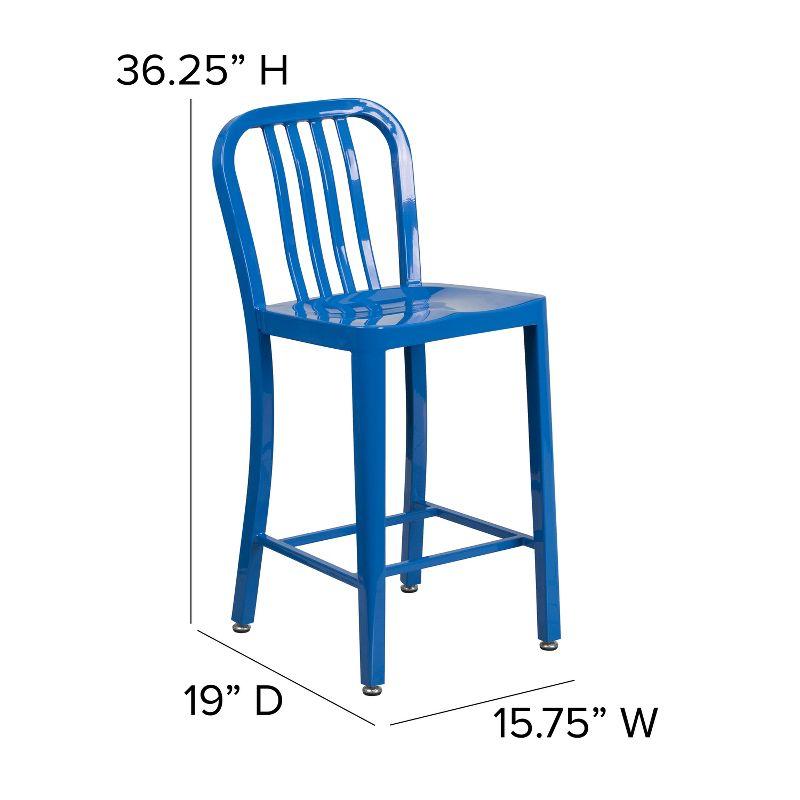 Merrick Lane Santorini 24 Inch Blue Galvanized Steel Indoor/Outdoor Counter Bar Stool With Slatted Back And Powder Coated Finish