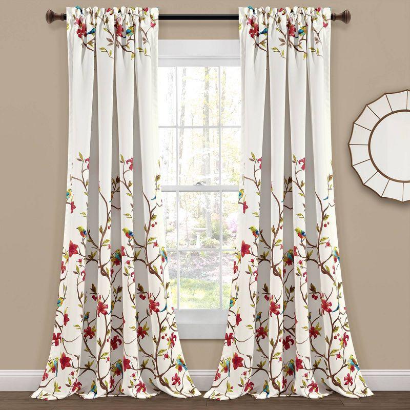 Ivory and Brown Bird Pattern Blackout Window Curtain Panels