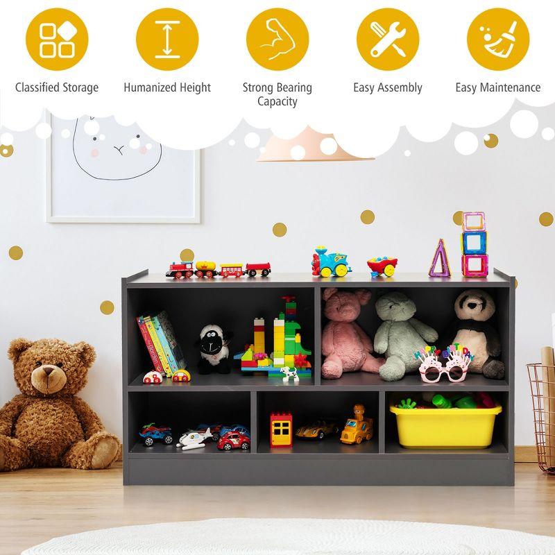 Costway Kids 2-Shelf Bookcase 5-Cube Wood Toy Storage Cabinet Organizer Grey