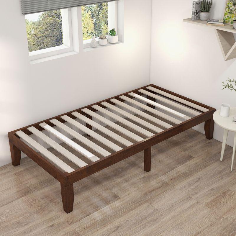 Costway Twin Wooden Platform Bed 14'' Slats Support Mattress Foundation Brown Cherry