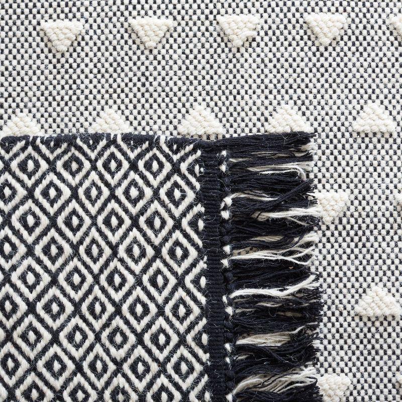 Ivory and Black Geometric Handwoven Wool-Cotton Blend Rug - 5' x 8'