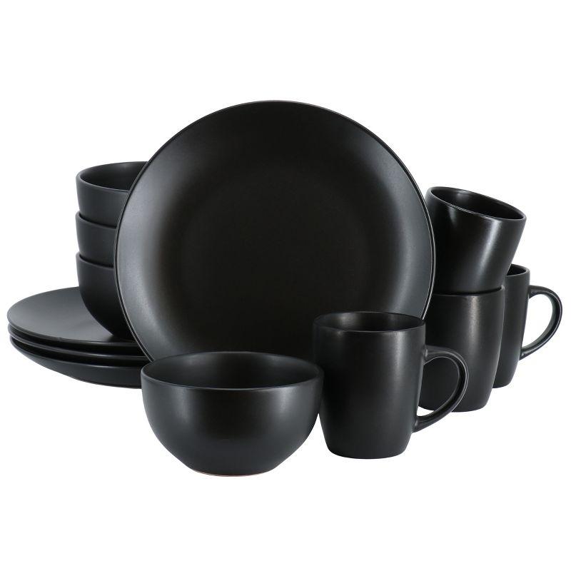 Black Ceramic 12-Piece Round Dinnerware Set for Four