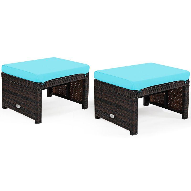 Tangkula 2 PCS Outdoor Wicker Ottoman Patio Rattan Furniture Metal Footrest Seat Square Footstool with Cushion Turquoise