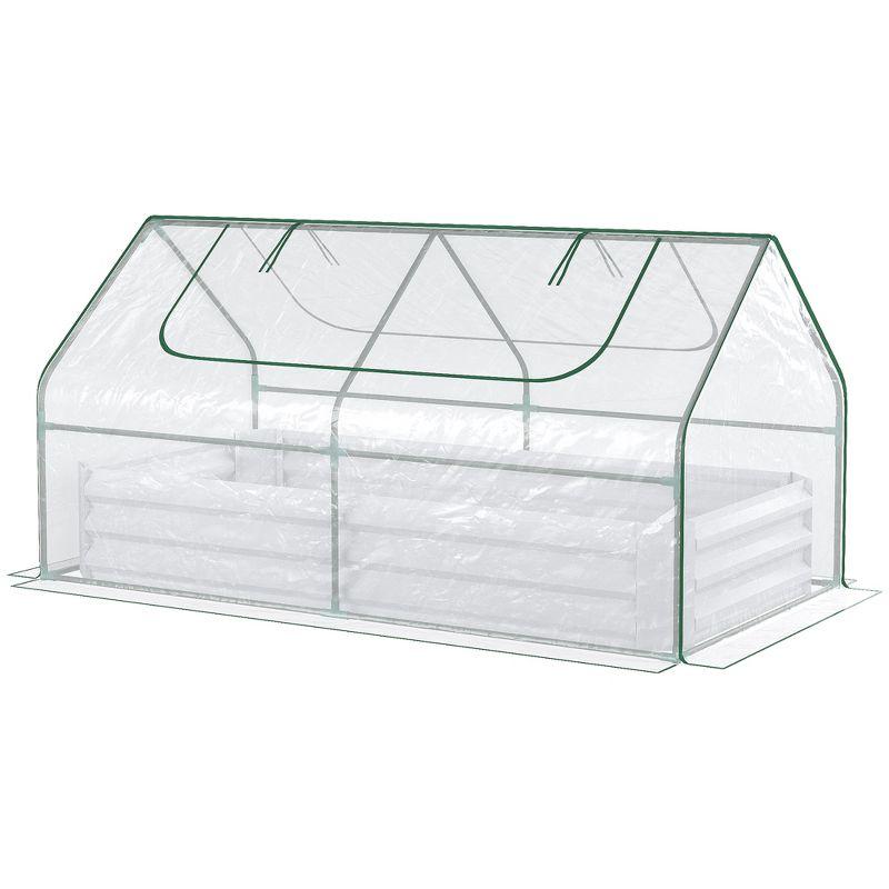 Outsunny Raised Garden Bed with Mini Greenhouse, Steel Outdoor Planter Box with Plastic Cover, Roll Up Window, Dual Use