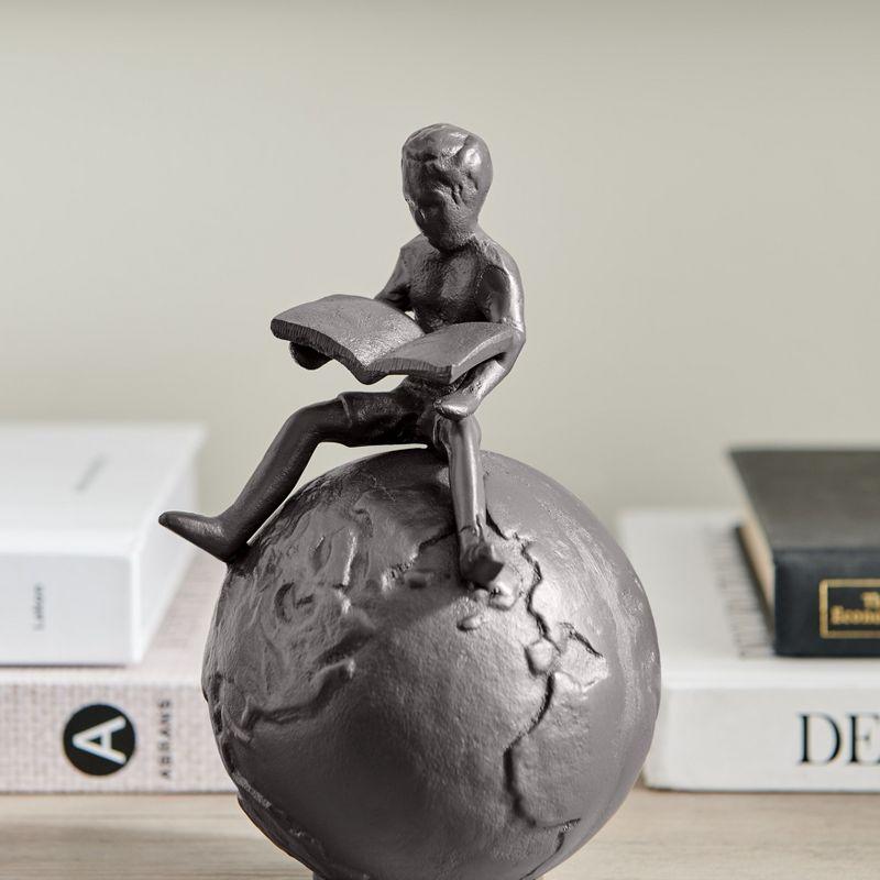 Danya B Brown Cast Iron Boy Reading on Globe Sculpture - Tabletop Desk Ornament or Decorative Paperweight