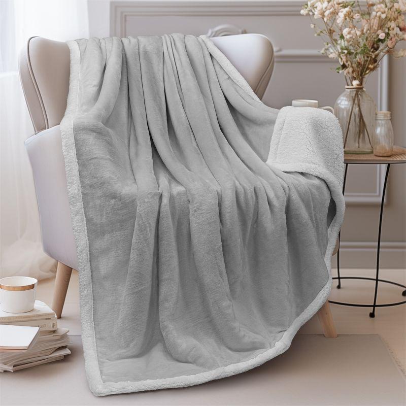 PAVILIA Premium Faux Shearling Fleece Throw Blanket for Bed, Reversible Warm Blanket for Couch Sofa, Light Gray/Throw - 50x60