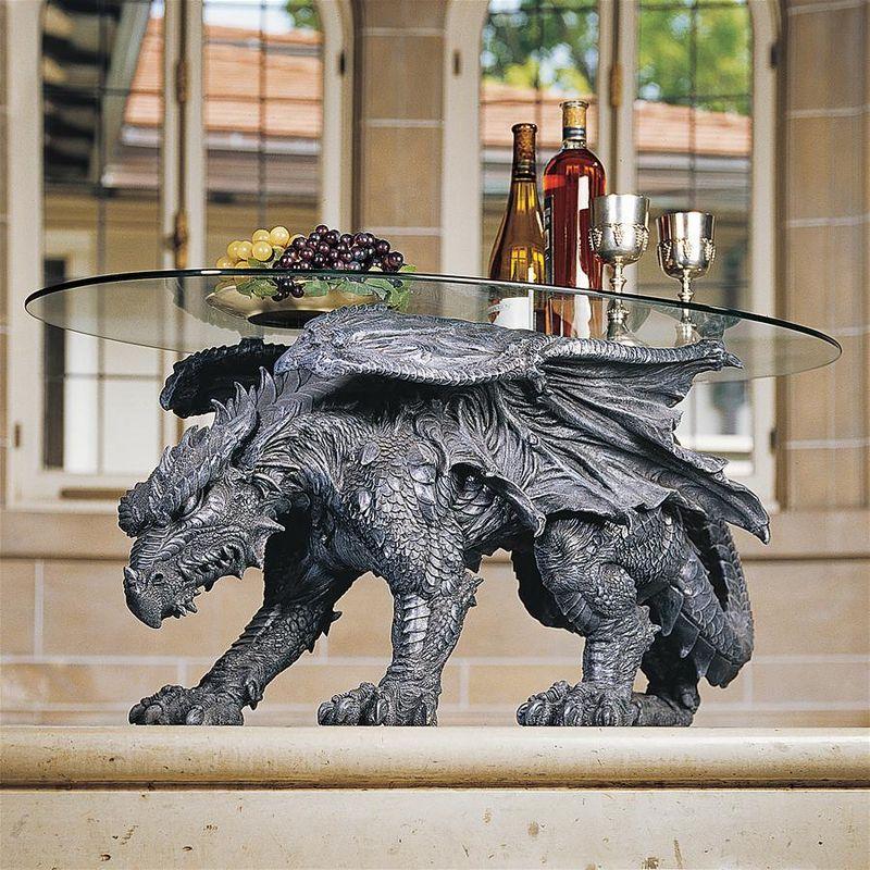 Oval Glass Outdoor Coffee Table with Dragon Design