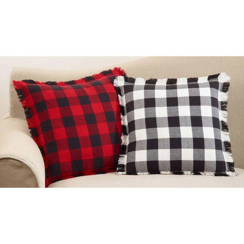 20"x20" Oversize Fringed Buffalo Plaid Down Filled Square Throw Pillow Black - Saro Lifestyle: Cotton, Duck Feather, Zipper Closure