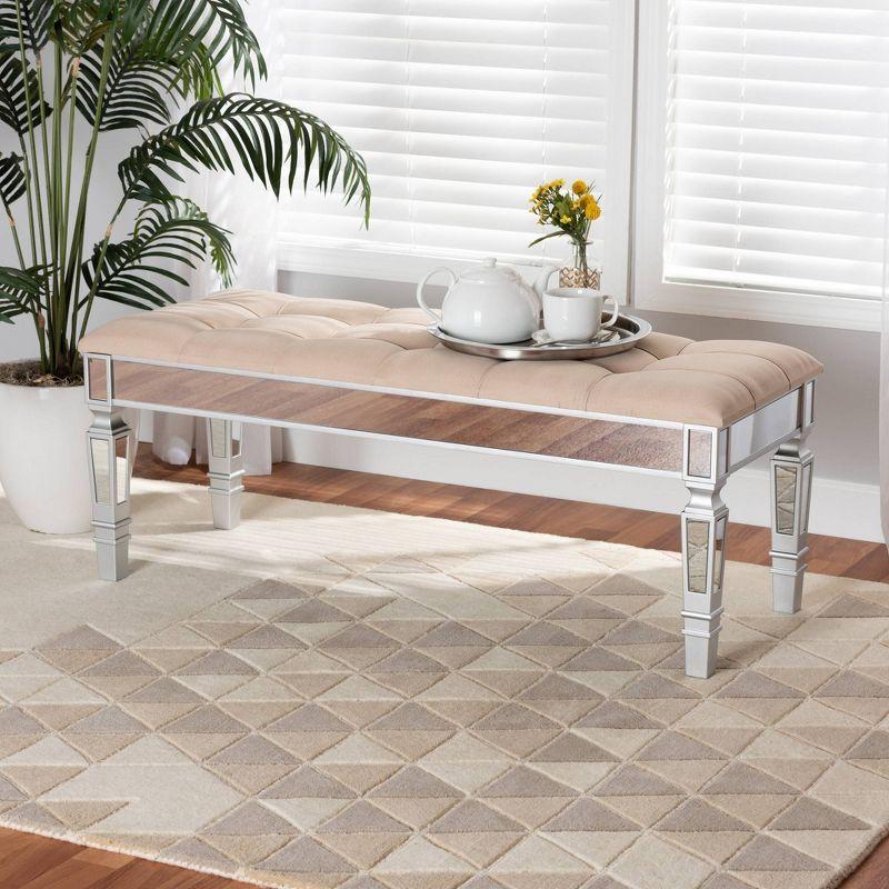 Hedia Fabric Upholstered and Wood Accent Bench Beige/Silver - Baxton Studio: Mirrored Glass, Foam-Padded, Button-Tufted