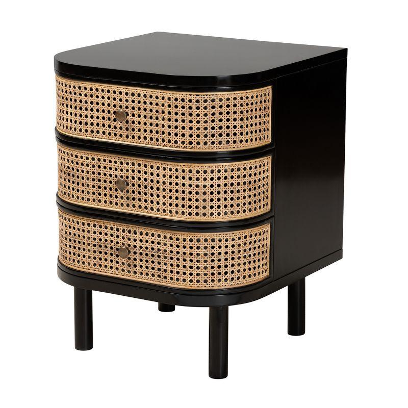 bali & pari Nabila Modern Bohemian Black Bayur Wood and Natural Rattan 3-Drawer End Table Nightstand