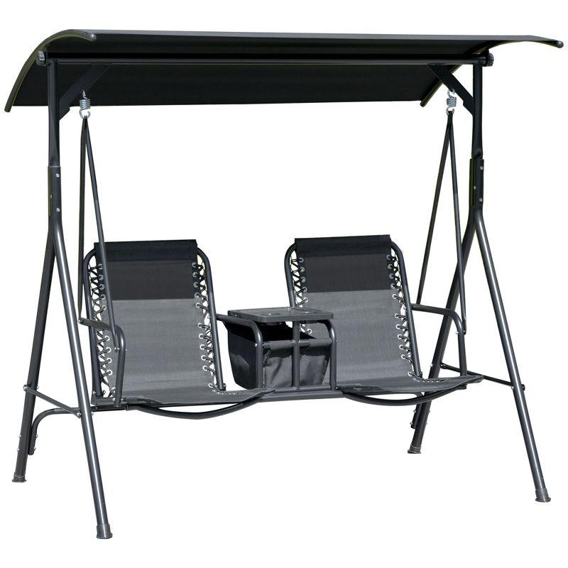 Outsunny 2 Person Porch Swing with Canopy, Covered Patio Swing with Pivot Storage Table, Cup Holder, & Adjustable Overhead Canopy, Black