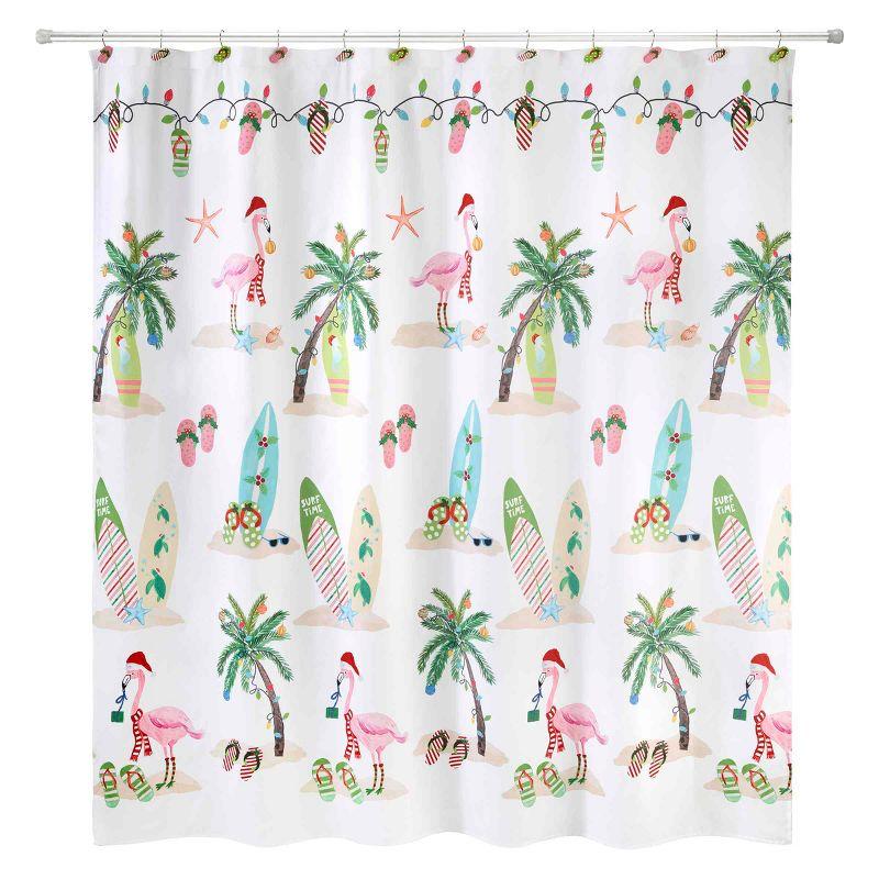 Holiday Flamingo Coastal Fabric Shower Curtain & Hook Set