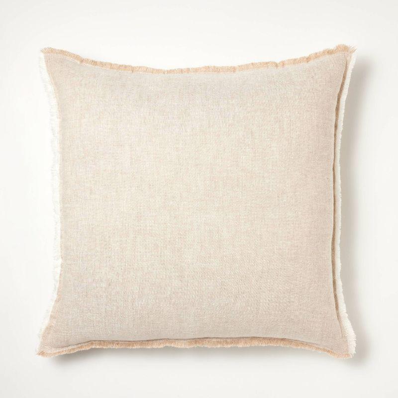 Oversized Beige Linen Square Throw Pillow with Frayed Edges