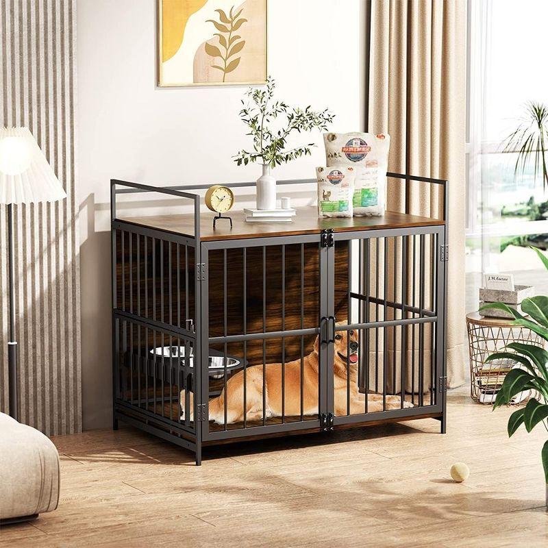 Large Brown and Black Steel Dog Crate with Feeder