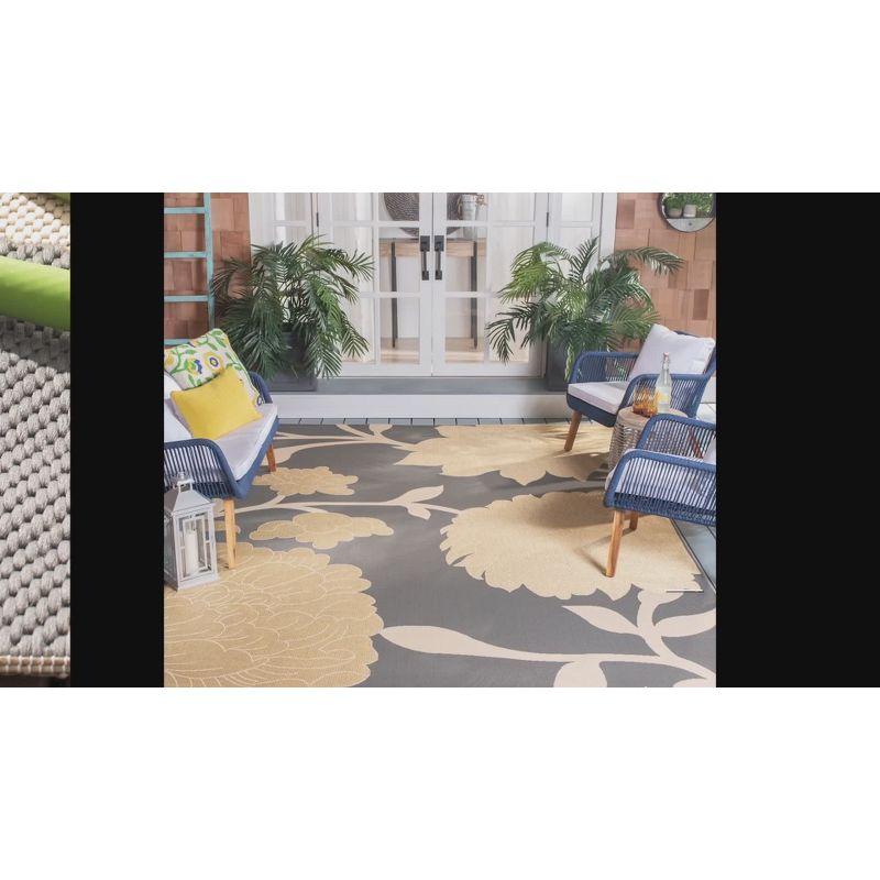 Beige and Blue Floral Synthetic Indoor/Outdoor Runner Rug