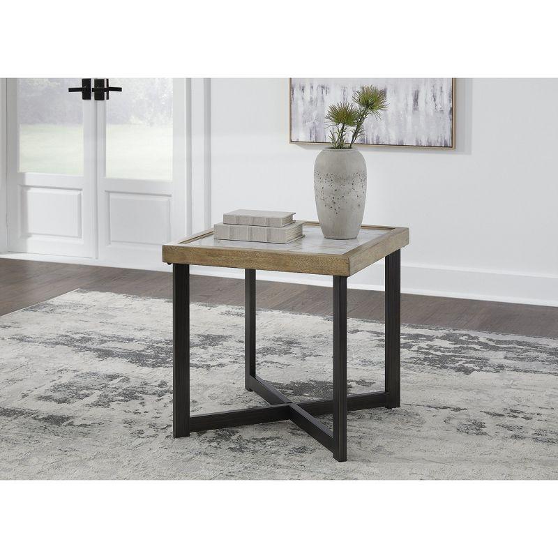 Beige and Black Square Wood and Stone End Table