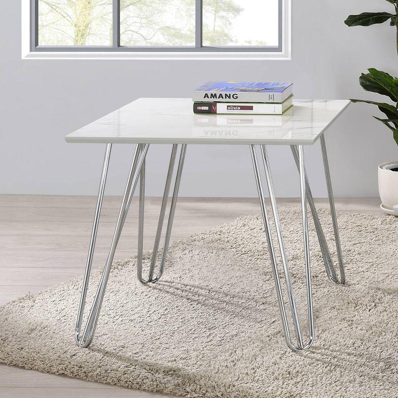 Coaster Harley Square End Table with Faux Marble Top White/Chrome: Steel Frame, Non-Slip Glider Legs, Modern Design