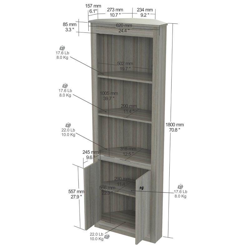 70.02" Corner Bookshelf Gray - Inval: Modern Smoke Oak, 3 Shelves, Double Door Storage