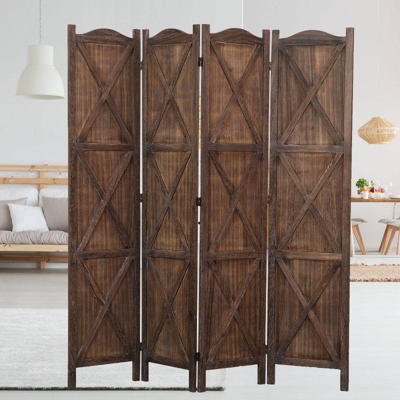 Rancho Barn 4 Panel Room Divider with Folding Screen Room Partition Paulownia Wood Brown - Proman Products: Vintage Farmhouse Style