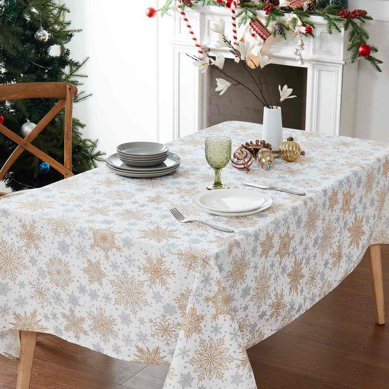 Gold and Silver Snowflakes Polyester Winter Tablecloth 52" x 70"