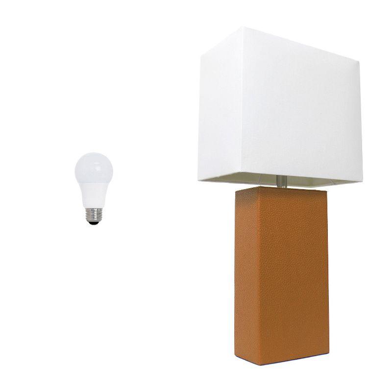21" Lexington Leather Base Modern Home Decor Bedside Table Lamp with USB Charging Port and Fabric Shade Tan/White - Lalia Home: No Assembly