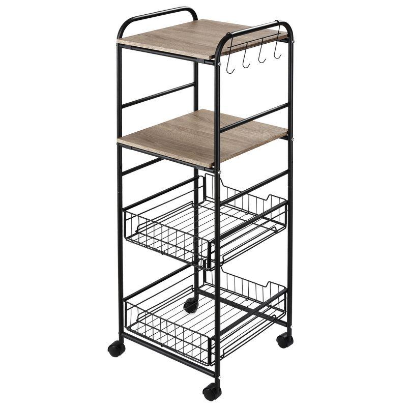 HOMCOM 16" 4-Tier Rolling Kitchen Cart, Utility Storage Trolley with 2 Basket Drawers, Side Hooks for Dining Room and Kitchen