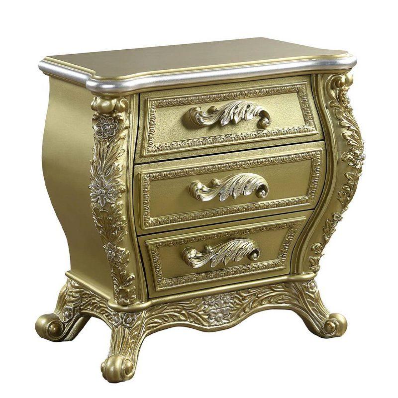 Gold Finish 3-Drawer Cabriole Nightstand with Floral Motifs