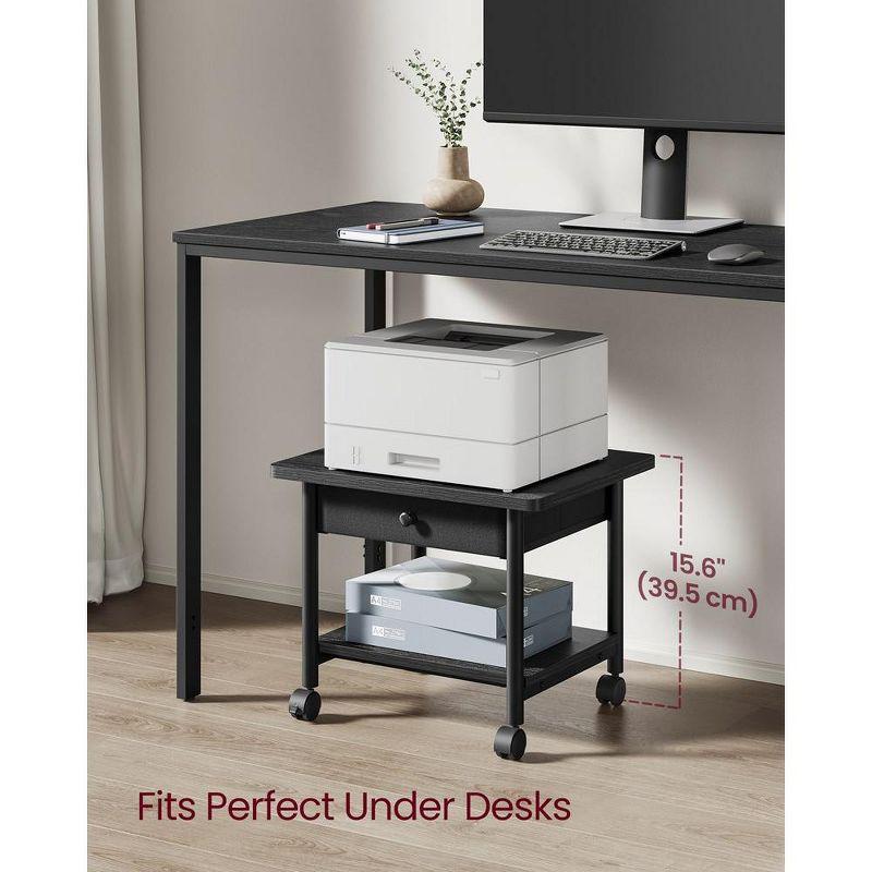 Ebony Black Industrial Printer Stand with Wheels and Drawer