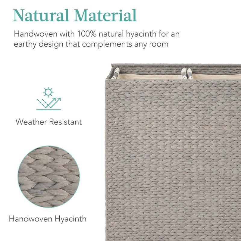 Best Choice Products Large Natural Water Hyacinth Double Laundry Hamper Basket w/ 2 Liner Bags, Handles - Gray
