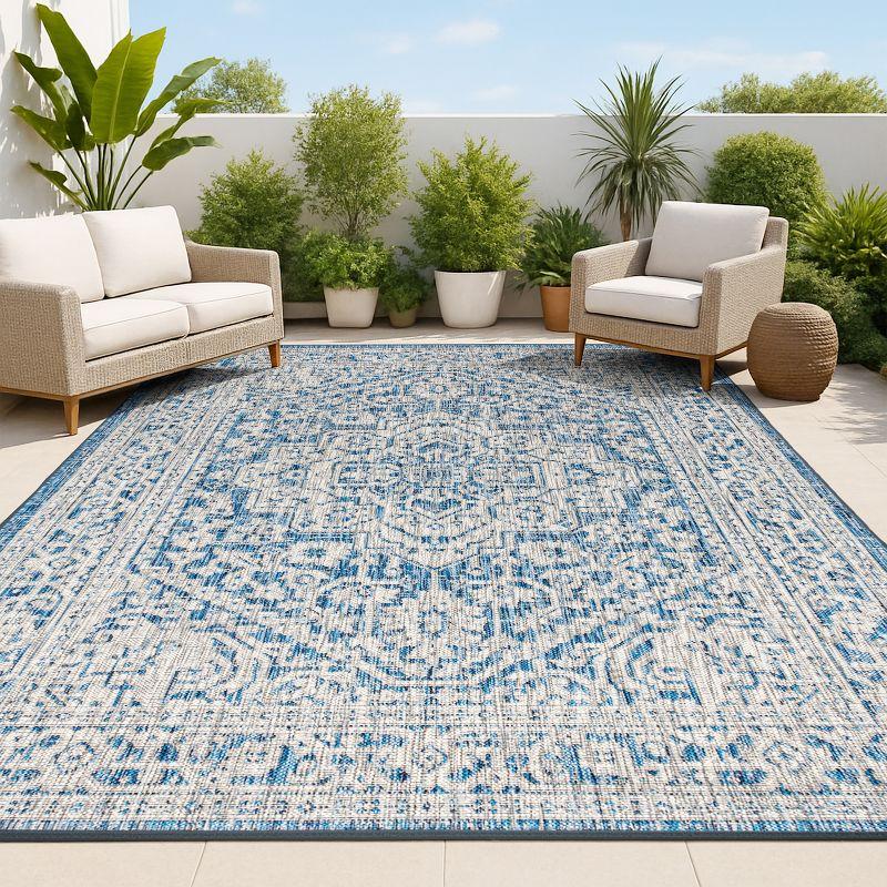 8'x10' Sinjuri Medallion Textured Weave Indoor/Outdoor Area Rug, Navy/Gray - JONATHAN Y