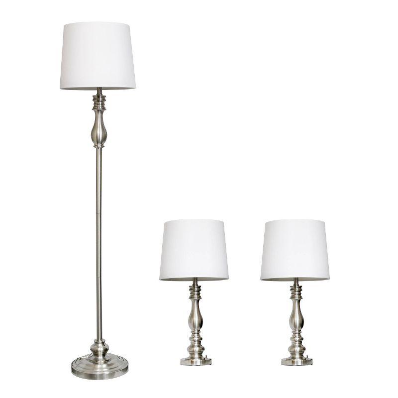 3pc Perennial Morocco Classic Metal Lamp Set - Brushed Steel, White Drum Fabric Shades - Lalia Home: UL Listed, Cotton Shades, 1-Way Switch