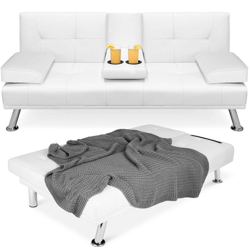 White Faux Leather Convertible Sleeper Sofa with Cup Holders