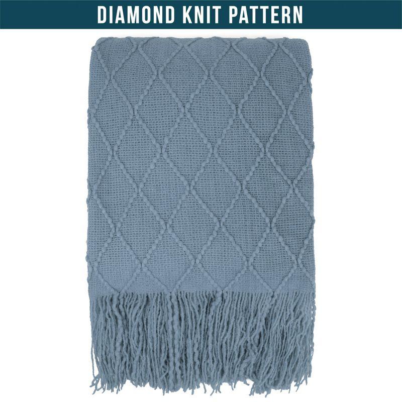 Dusty Blue Knitted Fleece Throw Blanket with Fringe