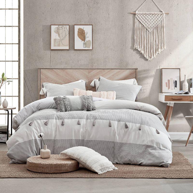 Gray Cotton Full/Queen Comforter Set with Tassels