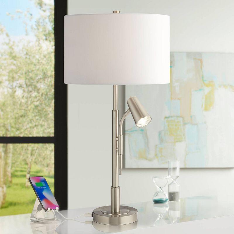Pacific Coast Lighting 32" Tall Large Modern End Table Lamp with Side Reading Light Silver Brushed Nickel Finish Metal Single Living Room Bedroom