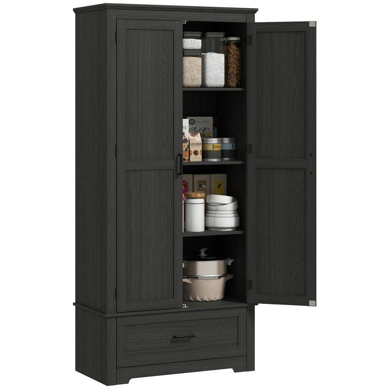 HOMCOM 69" Tall Farmhouse Kitchen Pantry Storage Cabinet with Drawer and Adjustable Shelves, Black