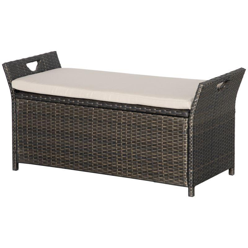 Outsunny 29 Gallon Patio Wicker Storage Bench, Outdoor PE Rattan Patio Furniture, 2-In-1 Footstool Rectangle Basket Box w/ Handles & Cushion, Cream