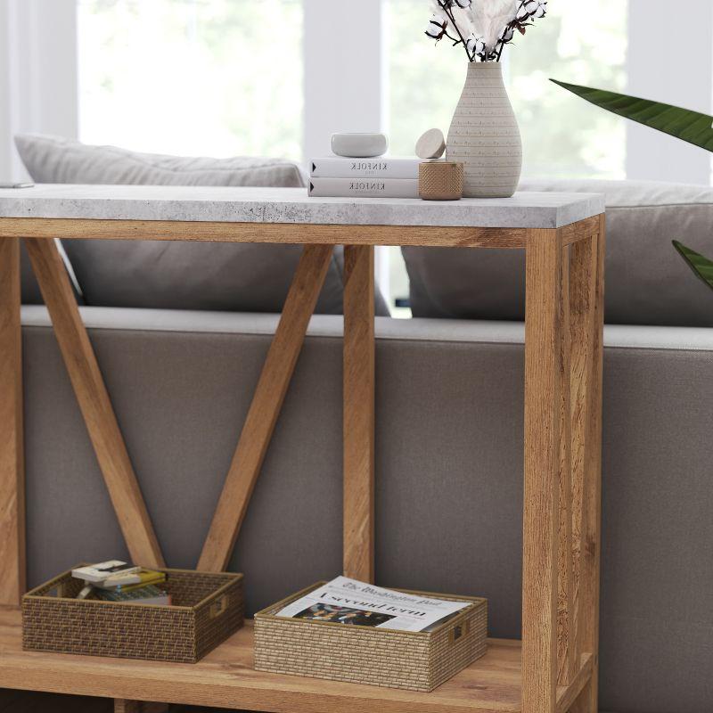 Warm Oak and Concrete Modern Farmhouse Sofa Table with Storage