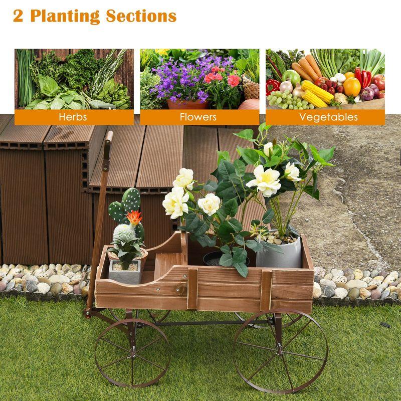 Tangkula Wooden Garden Flower Planter Wagon Wheel Plant Bed Decorative Garden Planter for Backyard Garden Brown