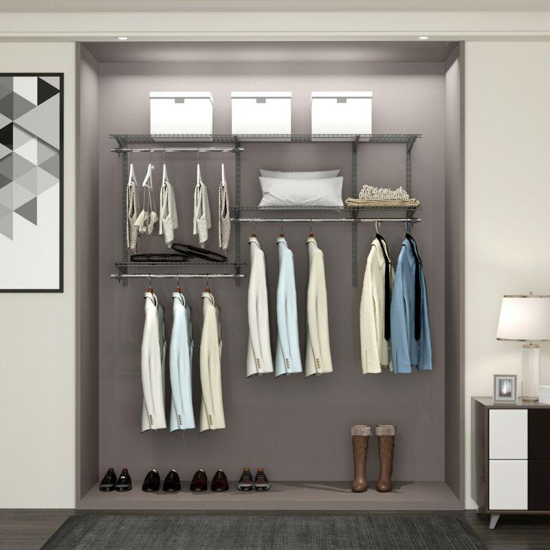 Adjustable Gray Steel Wall-Mounted Closet Organizer Kit with Hang Rod