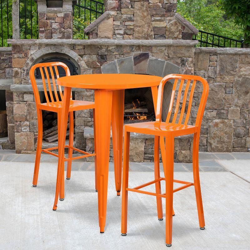 Retro-Modern Orange Metal 30" Bar Table Set with 2 Slat Back Stools