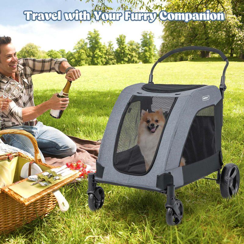 Costway Extra Large Dog Stroller with Dual Entry Safety Belt Adjustable Handle 4 Wheels Blue/Grey