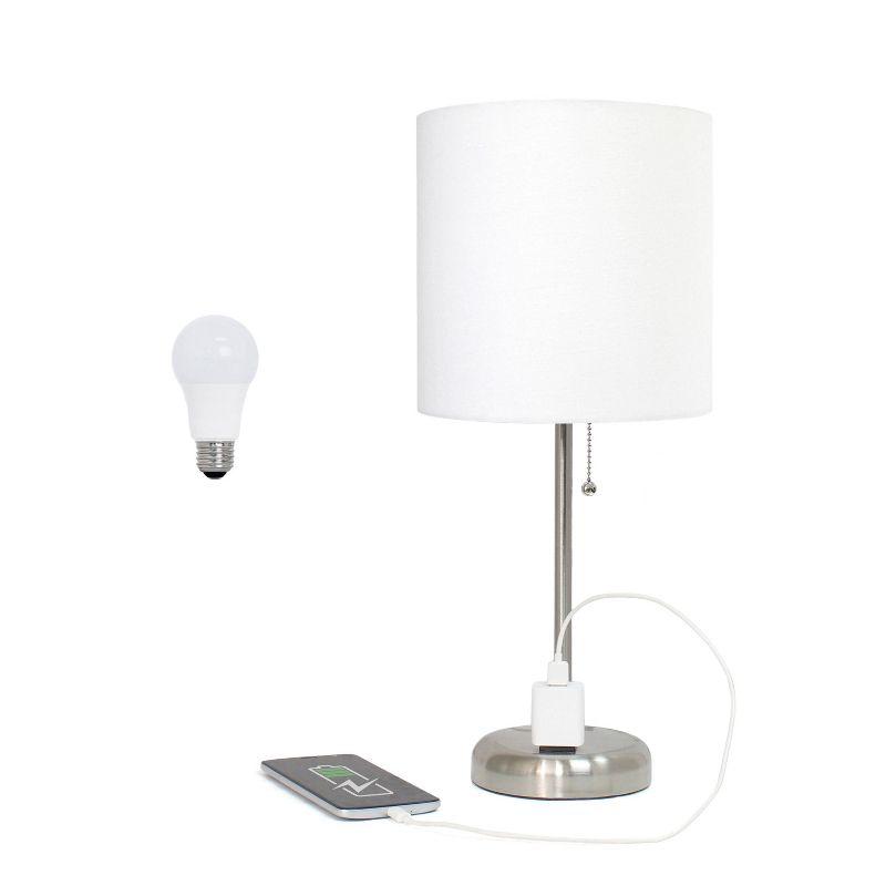 19.5" White Metal Table Lamp with Fabric Drum Shade and USB Charging Port