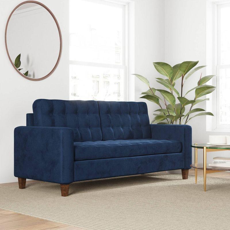 Elegant Navy Velvet Faux Leather Tufted Lawson Sofa