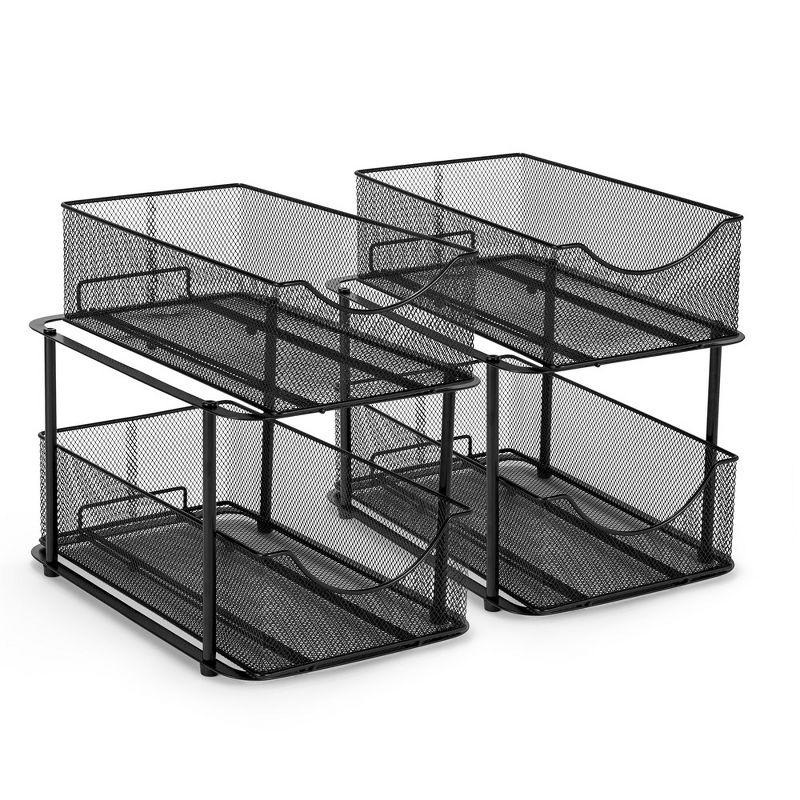 Sorbus 2 Pack 2 Tier Baskets with Mesh Sliding Drawers - Ideal Cabinet, Under the Sink, etc - Great for Bathroom, Kitchen, Office, etc. (Black)
