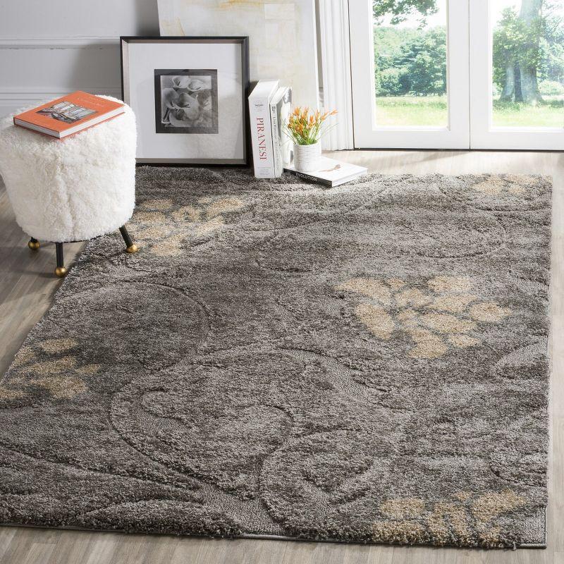 Elegant Grey Beige Floral Synthetic Shag Rug, 5'3" x 7'6"