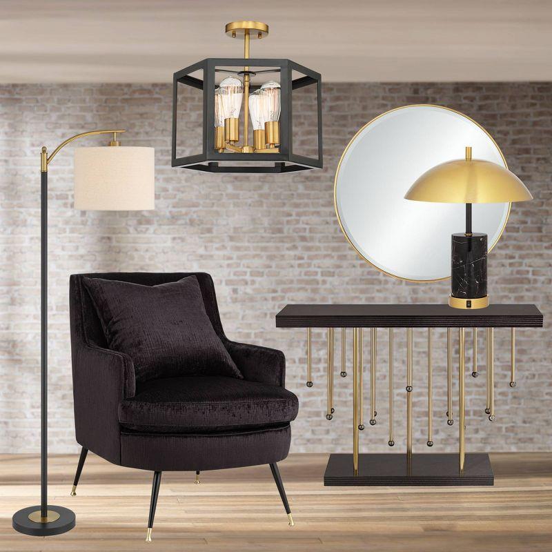 360 Lighting Rayna Mid Century Modern Downbridge Floor Lamp 61 1/2" Tall Black Gold Metal Off White Linen Drum Shade for Living Room Reading Bedroom