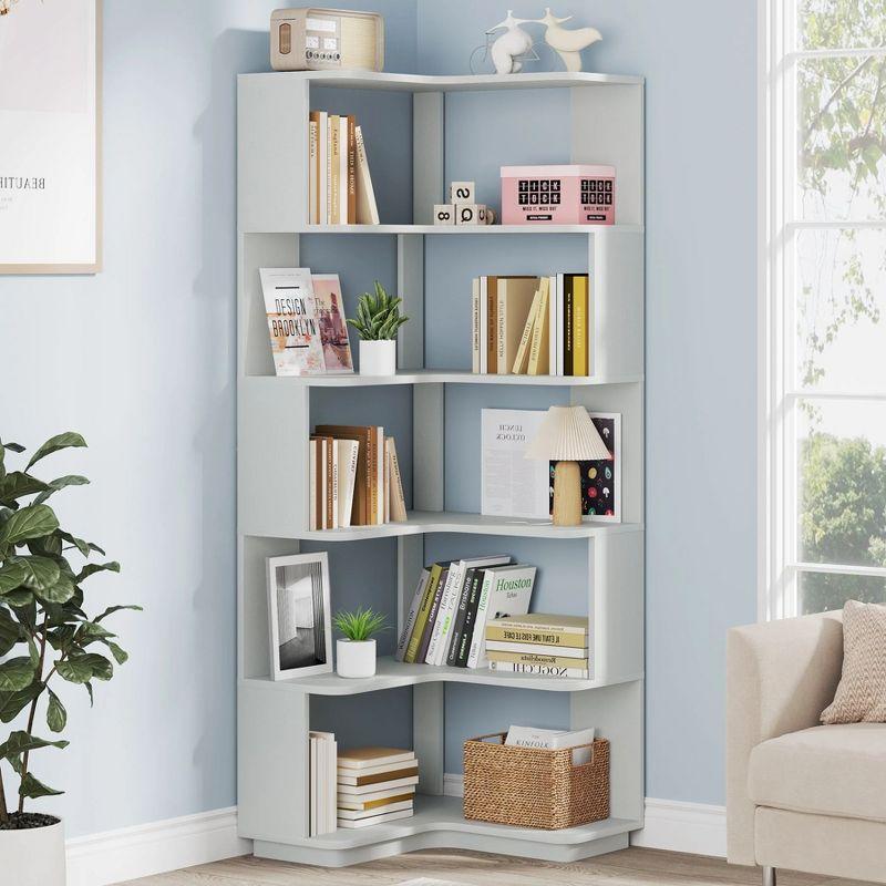 Hommoo 6-Tier Corner Bookshelf, 64.96" Corner Bookcase with Anti-Drop Panel Silver Gray